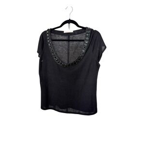 Naeem Khan Black 100% Super Fine Cashmere Crystal Embellished Scoop Neck Top XL